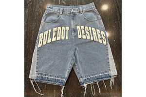 Custom Supplier Men's Baggy Denim Jorts With Embroidered Letter High Waist Light Wash Raw Hem Jean Shorts