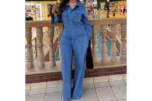 New Women's Denim Suit Long Sleeve Lapel Pocket Top Lace up Straight Pants Two Pieces