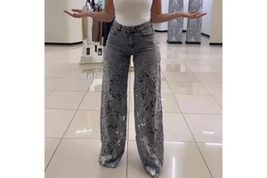 Wholesale 2026 High Waisted Wide Leg Jeans for Women's Spring and Summer Fashion, Paired with Hollowed Out Lace Patchwork Jeans