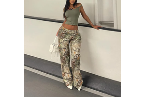 Plus Size Eco-Friendly Loose Mushroom Print Cargo Jeans Women High Waist Straight Leg Denim Pants Wholesale Custom Private Label