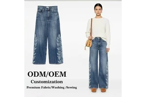 Distressed Vintage Wash Eco-Friendly Breathable Casual Mid Rise Loose Straight Fit Retro Denim Jeans With Appliques For Women