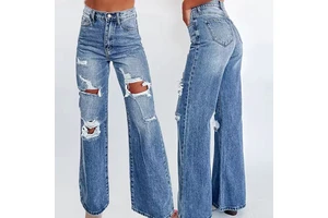Hot Selling Women's Casual Elastic Washed Denim Jeans Pants Fashionable Straight Leg High Waist Slim Fit for Summer Randomly