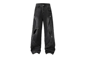 New Arrival Men's Oversize Baggy Style Straight Jeans Acid Washed Denim Trousers Hole Mid Loose High Street Wear