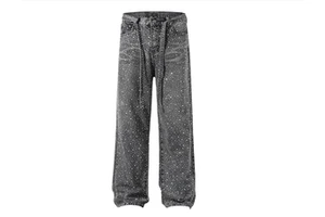 Men's Vintage Washed Gray Rhinestone Wide Leg Pants Full Crystal Studded Strap Belt Baggy Streetwear Denim Pants