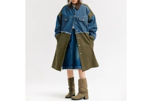 LARSUR Custom Factory Denim Patchwork Twill Jacket Distress Wash Raw Edge Button up Long Jean Jacket and Coat Women
