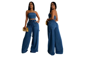 Women 2 Piece Denim Set Sexy Strapless Tube Top High Waist Wide Leg Jeans Pants Set Stretchy Streetwear Y2K Outfits Clubwear
