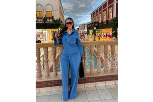 European and American Women's Denim Suit Long Sleeved Lapel Pocket Top Tie up Straight Leg Pants Two-piece Set