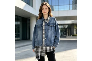 Custom Designed Faux Two Piece Denim Jacket Custom Made Trendy Women's Patchwork Loose Fit Denim Jacket
