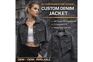 Blesstop Custom Rhinestone Denim Jacket Women Cropped Washed Streetwear Studded Jean Jacket OEM Logo Vintage Denim Jacket