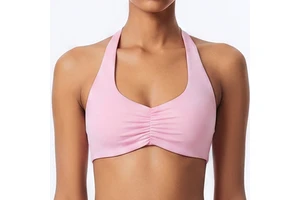 Custom Logo Womens Halter Neck Sports Bra Ruched Front Padded Open Back Yoga Bra Buttery Soft Workout Bra
