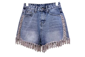 Women's High Waist Stonewashed Denim Shorts With Tassel Fringe Asymmetric Cut Casual Summer Style