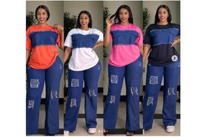 Women's 2025 Explosion Models Denim + Denim Pants Suit Waxed Technique Top Fashion in Europe and the United States