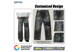 Customized Men's Retro Denim Jeans Breathable Straight Long Pants with Vintage Style Mid Waist Washable for All Seasons