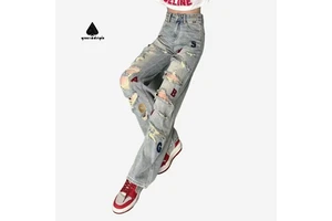 Customize Jeans Manufacturer Women's Vintage Distressed Jeans High-Waisted Streetwear Colorful Letter Embroidery Denim Pants