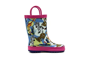 Unisex Kids All Over Jungle Wild Animal Rubber Rain Boots Double Fuchsia Pull Handle Loops Waterproof Non Slip Toddler Wellies