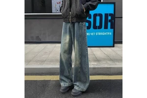 American-style High-street Straight-leg Denim Jeans Men; Autumn Loose Medium Casual Trousers; Mens Vintage Floor-length Pants