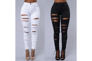 Women's Fashion Distressed Skinny Slim Fit Jeans Elastic Legging Pants with Ripped Trousers Plus Size Female Stretch Pants