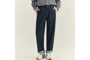 Men's Relaxed Fit Denim Trousers Half Elastic Waist Wide Straight Leg Blue Jeans Business Casual Washed Denim Pants