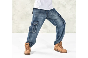 High Quality Plus Hip Hop Loose Fit Baggy Pants Multi-pocket Boys Jeans Big Side Pockets Denim Cargo Pants Men