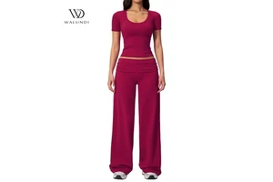 Yoga Set Women's Abdominal Tuck Yoga Folding Belt Wide-Leg Pants U-Neck Sports Top Casual Stretch Two-Piece Set