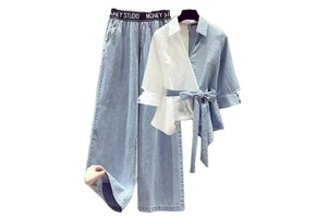 Casual Fashion Denim Pants Set Women Blouse and Pants Set Loose Jeans Pants Women's Two-piece Suit