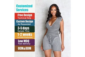 OEM & ODM Custom Logo Sexy Fashion Casual Breathable Fitted High-Elasticity Sports Running Fitness Tie Knit Jumpsuit