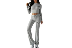 Custom Logo Women's Sportswear Autumn Casual 2 Piece Set Long Sleeve Regular Fit T-shirt Solid Color Short Top Pants Suit