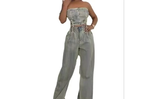 Summer New Women's Suit Spicy Girl Strapless Vest Straight Leg Wide Leg Pants Set Retro Jeans Jeans