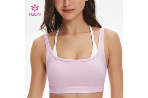 ODM HUCAI Custom Logo Nylon Spandex Stretch U-neckline Double Layered Y-Back Fitness Yoga Gym Workout Sports Bra For Women