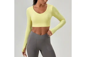 Lightweight Tight Long-Sleeved Yoga Top with Built-In Bra Four-Way Stretch Cross-Back Design Quick-Drying for Running Fitness