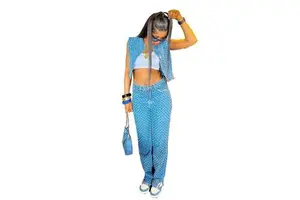 Fashion Denim Jacket and Pants Suit Ladies Coat Pant Suits Hole Leg for Women Sleeveless Jean Wholesale