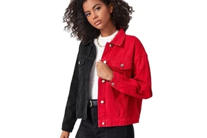 Edge Denim Red and Black Color Block Denim Jacket Women Patchwork Jacket Custom