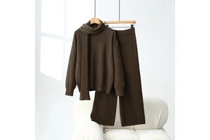 3 Piece Set Knitted Plus Size Custom Winter Women's Minimalist Sweaters and Trousers Suit with Scarf 1570g