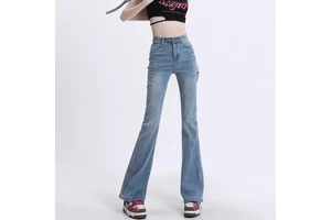 Women's Casual Stretch Denim High Waist Flared Straight Pants Washed Knitted Solid Regular