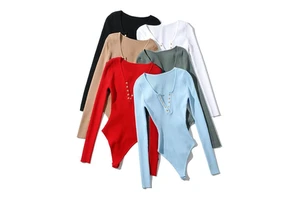 Women's Skinny Slim Fit Long Sleeve Floral Solid Bodysuit Sexy Stretch Breathable Anti-Wrinkle Quick Dry Knit Jumpsuit Winter
