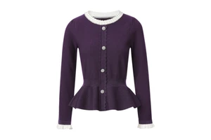 Women Purple Shiny KnitCardigan Pearl Beaded Round Neck Floral Rhinestone Buttons Peplum Flared Hem Long Sleeve Slim Knit Jacket