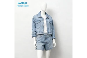 Customized Stylish Ladies Loose Jeans Set Solid Pattern Two-Piece Denim Top Jacket and Jort Manufacturer
