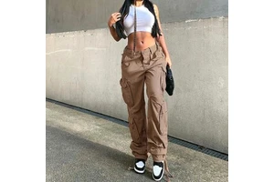Women's High Waisted Cargo Denim Pants Multi Pocket Drawstring Casual Streetwear Loose Fit Trousers Fashionable Daily Wear
