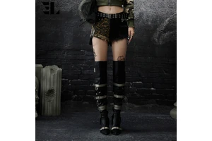 LARSUR Custom Factory Denim Patchwork Leopard Jorts Studded Distressed Washed Raw Edge Denim Cropped Shorts Pants for Women