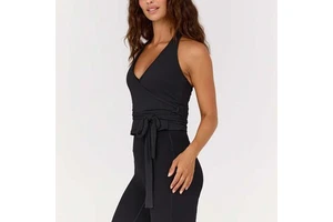 OEM Women Deep V Neckline Self Tie Waist Active Wear Solid Sleeveless Halter Shirt Adjustable Ballet Wrap Bamboo Yoga Crop Top