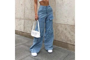 Wholesale Women's Jeans with Faded Water Wash and Large Pockets, Casual and Loose-fitting Women's Long Jeans