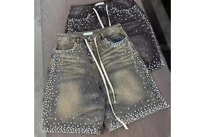 EIDEO OEM ODM Custom Vintage Men's Denim Cargo Shorts High Quality Streetwear Crystal Acid Distressed Rhinestone Denim Shorts