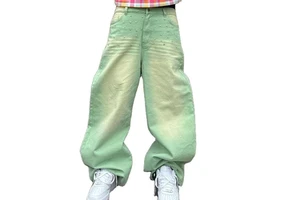 Men's High Waist Harem Jeans Plus Size Loose Fit Bleach Stone Wash Green Cotton Pants With Pearl Decoration Casual Style