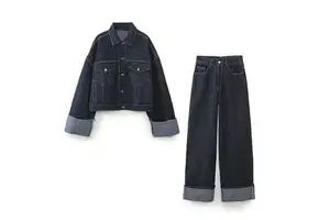 OEM Wholesale Women Denim Suit Custom Patch Printed Embroidered Wide Leg Jeans Denim Jacket Two Piece Set
