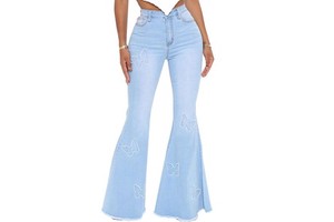 Women Butterfly Floral Embroidered Flare Bell Bottom Jeans High Waist Snow Wash Enzyme Stonewash Spandex OEM Wholesale
