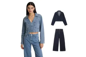 Hot Sale Women's Solid Casual Denim Sets with Turn-Down Collar V-Neck Long Sleeves Pockets Loose Straight Pants