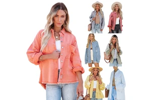 New Fashion Women White Denim Jacket Long Sleeve Double Pocket Casual Coat Contrast Shirts Shacket