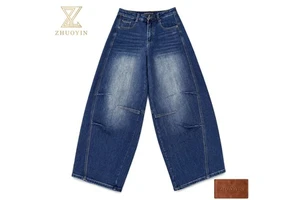 High Waist Balloon Denim Pants Women Loose Fit Barrel Leg Jeans Vintage Distressed Casual Streetwear OEM ODM