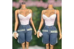 Peeqi Fashion Autumn Casual Women's Denim Outfit Sleeveless Bodysuit and Jeans Shorts Two Piece Suit Plus Size Denim Set Women