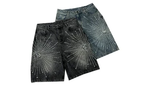 Men's Mid Baggy Streetwear Hip Hop Style Denim Shorts Distressed Vintage Acid Wash Rhinestone High Quality Denim Short